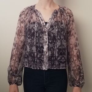 Long Sleeve Sheer Gray + Black Floral Blouse Tobi